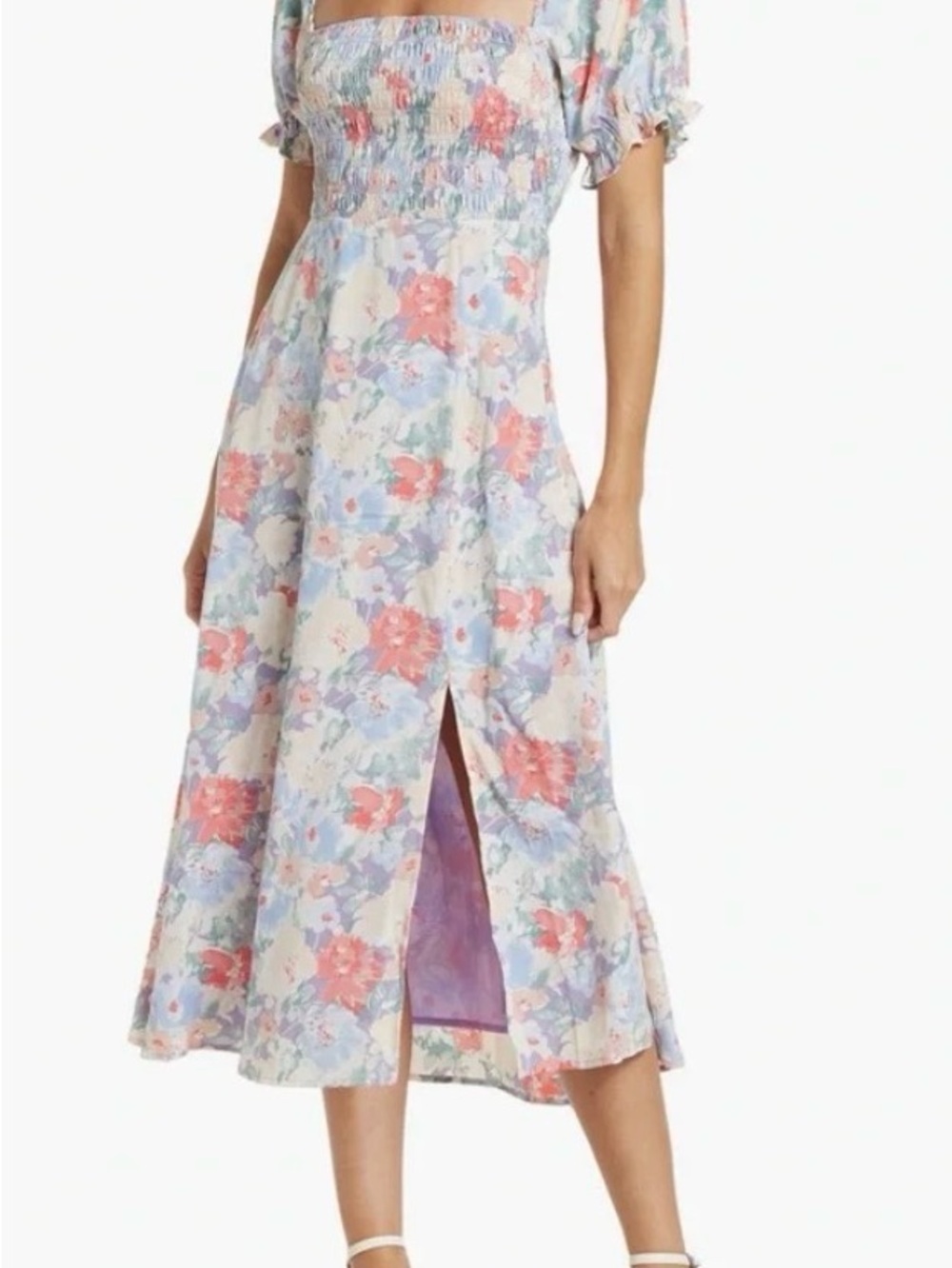 ASTR Floral Smocked Midi Dress in Pastel Blue and Pink